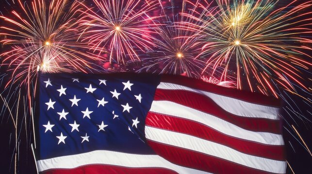 American flag with fireworks for independence day celebration background - Powered by Adobe