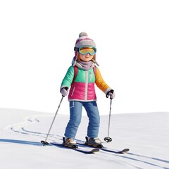 Young Girl Skiing on Snow in Winter with Colorful Outfit and Goggles on White Background