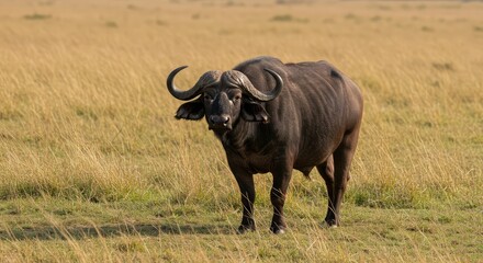 Obraz premium Majestic African buffalo with impressive curved horns stands alert in a sun-drenched savanna grassland, exuding raw power and wild beauty.