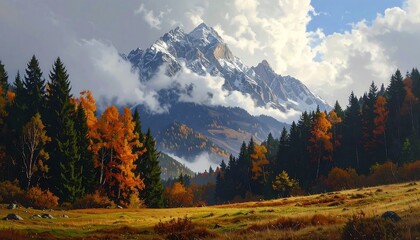 Panoramic View of Autumn Forest and Majestic Snow-Capped Mountain Peak