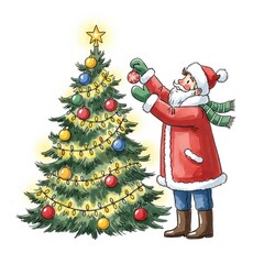 Watercolor Santa Decorating Christmas Tree with Baubles and Glowing Lights on White Background