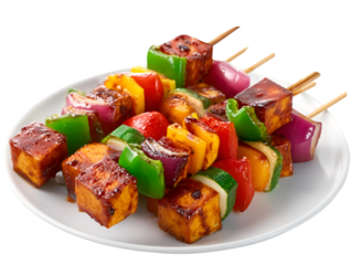 Grilled vegetable skewers featuring colorful bell peppers and tofu cubes served on a white plate, perfect for healthy eating and summer barbecues.