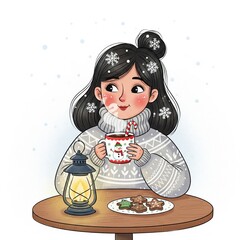Woman with Hot Drink in Festive Mug with Cookies and Lantern Illustration