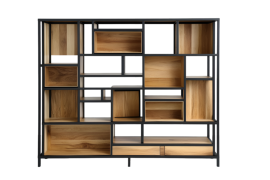Modern wooden bookshelf showcasing a mix of open and closed storage units, ideal for organizing books and decorative items in a stylish home setting.