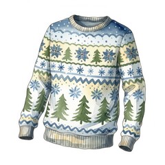 Watercolor Christmas Sweater with Snowflakes and Trees on White Background