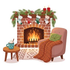 Festive Fireplace Scene with Christmas Stockings and Armchair in a Cozy Room