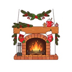 Pixel Art Fireplace with Christmas Decorations Including Stockings and Greenery