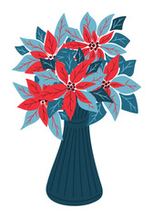 Fototapeta premium Bouquet of red and blue poinsettia flowers arranged in a dark blue vase in flat style. This vector represents Christmas floral decor and seasonal elegance in holiday arrangements
