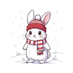 Illustration of Adorable White Rabbit Wearing Red and White Striped Hat and Scarf in the Snow