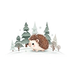 Cute Hedgehog in Winter Forest Snowy Trees Adorable Illustration Style