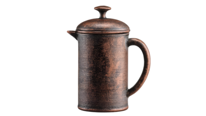 Vintage copper French press teapot, ideal for brewing coffee or tea. A stylish addition to any kitchen or cafe setting, emphasizing functionality and design.