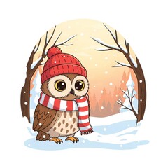 Winter Owl with Red Hat and Scarf in Snowy Forest Pixel Art Style Illustration
