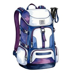 Watercolor Backpack with Trekking Poles in Blue Purple and White Color Scheme Isolated