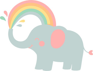Cute Grey Elephant with Pastel Rainbow Cartoon Illustration