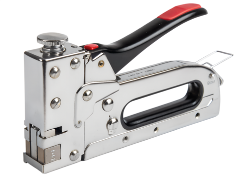 Household manual stapler and staples on a white background
