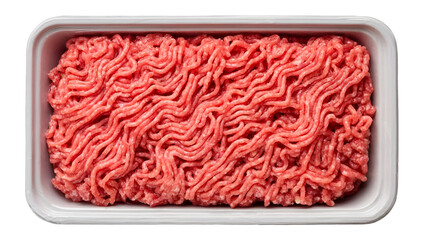 Fresh ground meat displayed in a white container, showcasing its vibrant color and texture. Ideal for culinary uses and recipes.