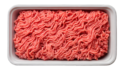 Fresh ground meat displayed in a white container, showcasing its vibrant color and texture. Ideal for culinary uses and recipes.