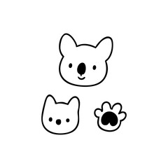 Simple black line art of koala head, small cat head, and paw print