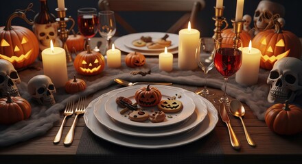 Halloween Celebration Table Setting with Pumpkins Skulls and Candles