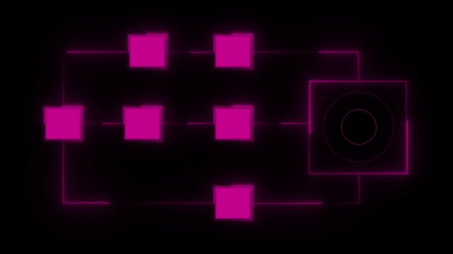Magenta Abstract Flowchart Diagram with Neon Glow and Target Symbol on Black Background algorithm analysis