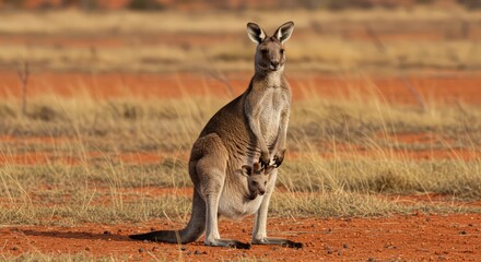 Majestic mother kangaroo protectively carries joey in pouch amidst arid Australian outback landscape, showcasing natural wildlife and maternal care
