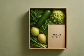 Fresh Green Vegetables and Lemons in Meal Kit Box with Verde Kitchen Branding, Top View