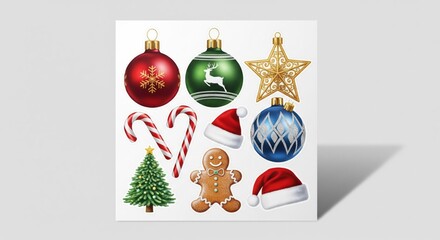 Festive Christmas Ornaments and Treats Arrangement on White Surface with Shadow