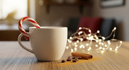 Festive White Mug with Candy Cane Cinnamon and Coffee Beans