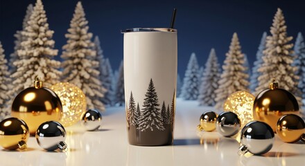 Tumbler with Winter Forest Design amidst Christmas Ornaments and Snowy Pine Trees