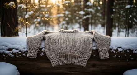 Gray Knitted Sweater on Snowy Log in Winter Forest at Sunset