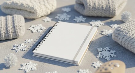 Blank Notebook Surrounded by White Knitted Items and Snowflakes Decoration