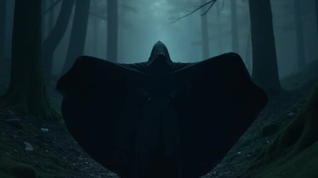 A dark figure in a cloak with a hood in a sinister night forest. Fantasy demon or witcher in the night.