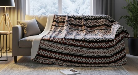 Cozy Living Room with Patterned Blanket on Gray Sofa Near Window During Winter