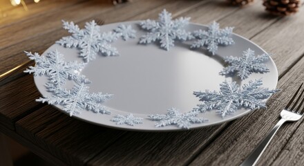 Elegant Christmas Table Setting with White Plate and Snowflake Decorations on Wood Table