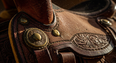 Close-up view of a weathered, ornate leather Western saddle with intricate tooling and brass accents, ready for equestrian adventure.