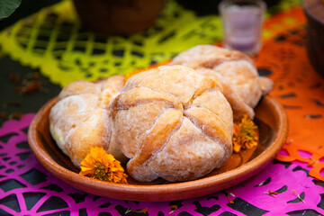 Pan de muertos. A traditional Mexican bread for the Day of the Dead celebration.