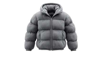 High quality photo of gray puffer jacket with hood isolated on transparent background.