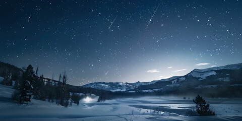A breathtaking starry night sky over a serene, snow-covered winter landscape with distant mountains.