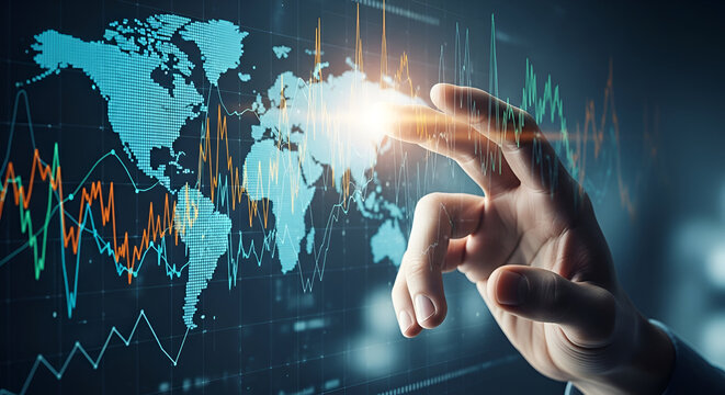 Global Market Analysis: Hand Interacting with Interactive Financial Data Visualization