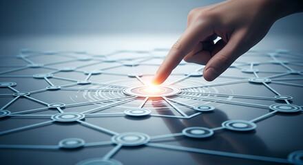 Human finger interacting with digital interface showcasing advanced networking technology