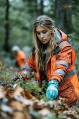 Volunteer participates in nature cleanup while promoting ecological responsibility outdoors