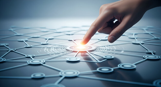 Human finger interacting with digital interface showcasing advanced networking technology
