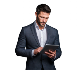 A man in a suit is looking at a tablet