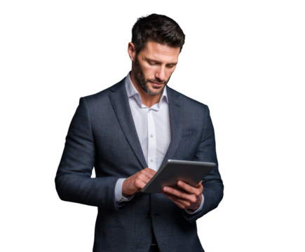 A man in a suit is looking at a tablet