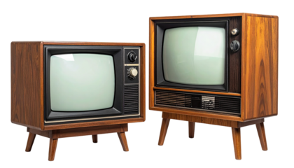 Two vintage wooden televisions, side-by-side, displaying blank screens.  Early 1970s style, with a light-toned wood cabinet