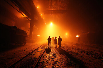 Workers in silhouette at a heavy metallurgical plant immersed in dust and dim light