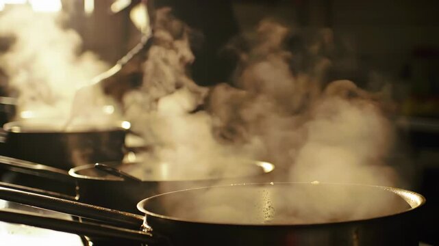 Pots on a stove, steam escaping, cooking concept in the kitchen.