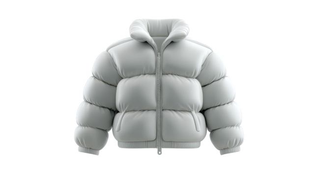 High quality photo of white puffer jacket isolated on transparent background.