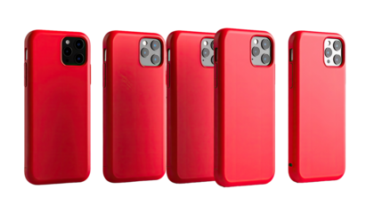 Five red phone cases,?showing?different?angles?of?a?solid?red?protective?shell,?likely?for?a?smartphone
