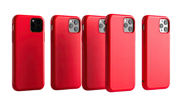 Five red phone cases,?showing?different?angles?of?a?solid?red?protective?shell,?likely?for?a?smartphone - Powered by Adobe